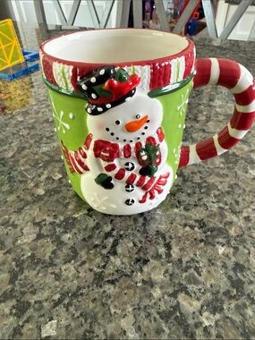Festive Snowman Ceramic Holiday Mug in Green and Red